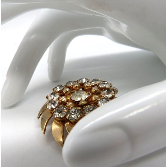 Vintage Brooch Floral Gold Tone Rhinestone Swirl Flower Petals Pin - Picture 14 of 15